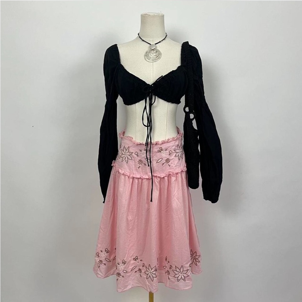 Pink floral embroidered midi skirt with beading